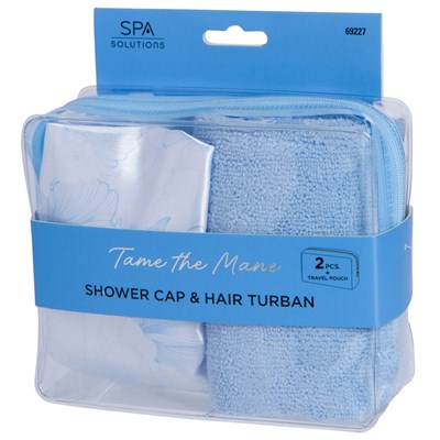 Cala Products Shower Cap & Turban Set - Blue Floral 2 pc.